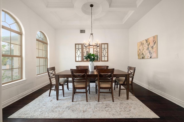 4105 Michael Neill Dr, Austin, TX 78730 - dining room featuring coffered ceiling, dark wood-style floors, a chandelier, baseboards, and beam ceiling