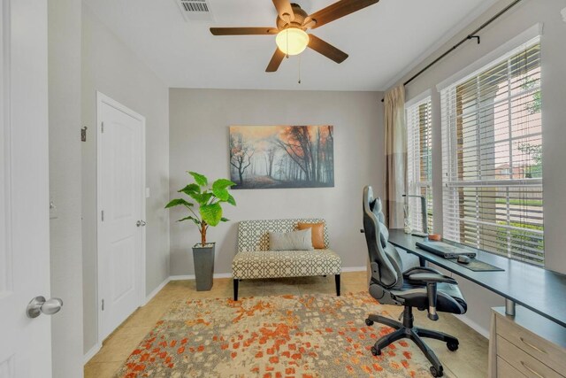 3624 Anchor Bay Dr, Pflugerville, TX 78660 - office space with a ceiling fan, light tile patterned flooring, and baseboards