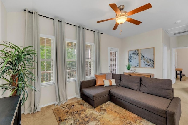 3624 Anchor Bay Dr, Pflugerville, TX 78660 - living room featuring light colored carpet, a ceiling fan, and baseboards