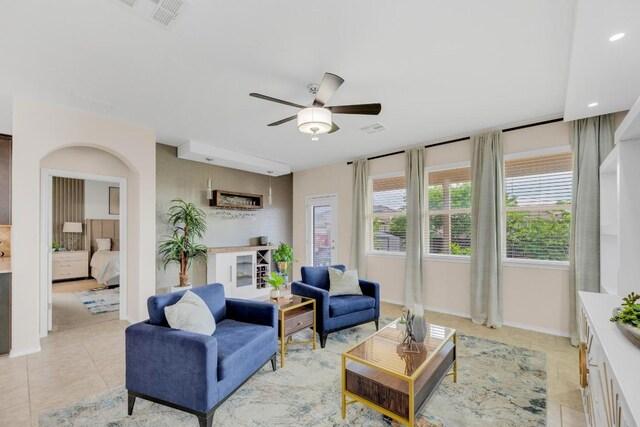 3624 Anchor Bay Dr, Pflugerville, TX 78660 - living area featuring a ceiling fan, light tile patterned flooring, recessed lighting, and baseboards