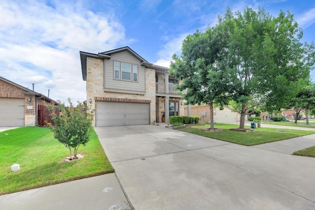 3624 Anchor Bay Dr, Pflugerville, TX 78660 - traditional home with stone siding, an attached garage, driveway, a balcony, and a front yard