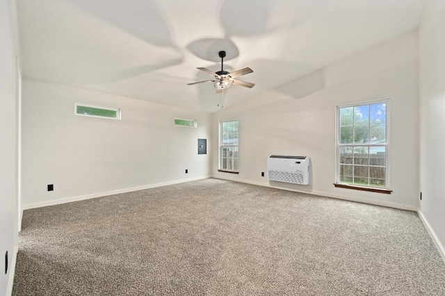 7004 Priscilla Dr, Austin, TX 78752 - unfurnished living room featuring a ceiling fan, heating unit, carpet floors, baseboards, and electric panel
