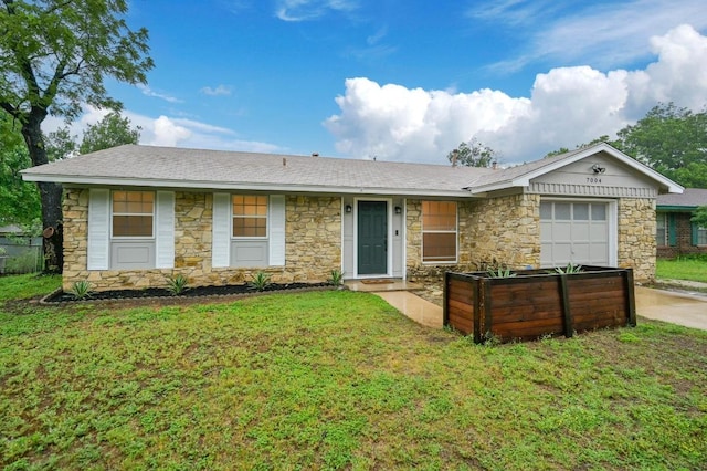 7004 Priscilla Dr, Austin, TX 78752 - ranch-style home featuring stone siding, a front yard, driveway, and an attached garage