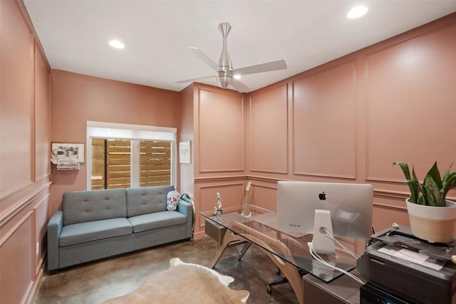 1500 Summit St Unit 5, Austin, TX 78741 - office featuring a decorative wall, concrete flooring, ceiling fan, and recessed lighting