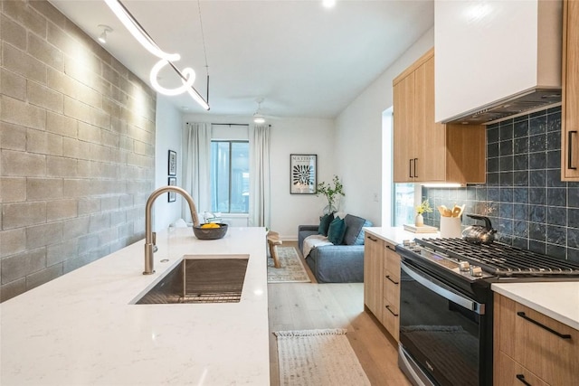 700 Denson Dr Unit 1101, Austin, TX 78752 - kitchen featuring stainless steel range with gas cooktop, a sink, custom exhaust hood, light wood finished floors, and tasteful backsplash