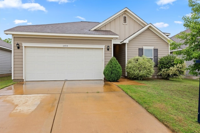 6404 Routenburn St, Austin, TX 78754 - ranch-style home with board and batten siding, concrete driveway, a front lawn, and a garage