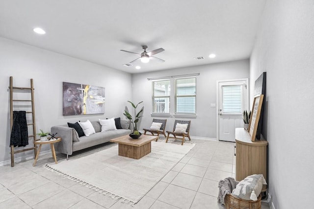 1808 Pecan Island Dr, Leander, TX 78641 - living area with a ceiling fan, light tile patterned flooring, recessed lighting, and baseboards