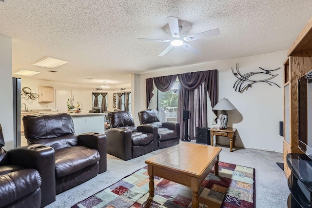 15300 Iola Cv, Austin, TX 78717 - living room with a textured ceiling, light carpet, and a ceiling fan