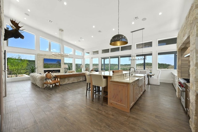 1785 Backbone Rdg, Wimberley, TX 78666 - kitchen featuring healthy amount of natural light, a kitchen island with sink, open floor plan, recessed lighting, and a lit fireplace
