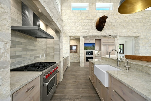 1785 Backbone Rdg, Wimberley, TX 78666 - kitchen with stainless steel appliances, wall chimney range hood, a sink, light stone countertops, and dark wood-style floors