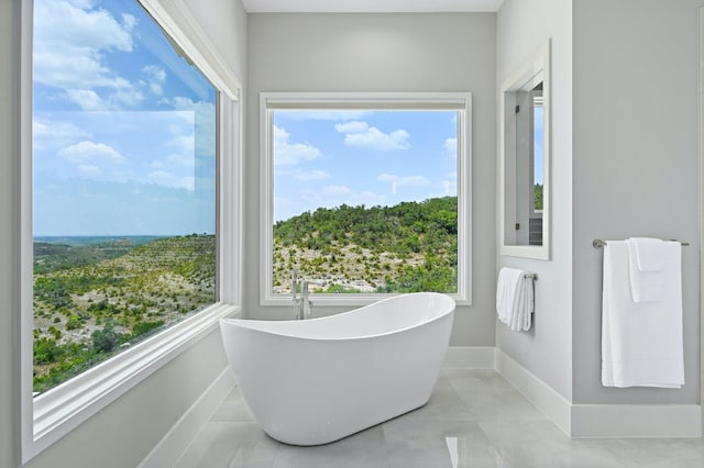 1785 Backbone Rdg, Wimberley, TX 78666 - bathroom featuring a freestanding tub, plenty of natural light, baseboards, and tile patterned floors