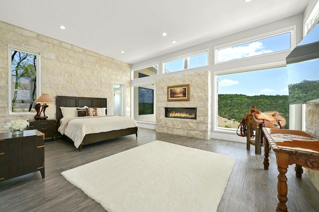 1785 Backbone Rdg, Wimberley, TX 78666 - bedroom with a warm lit fireplace, recessed lighting, and wood finished floors
