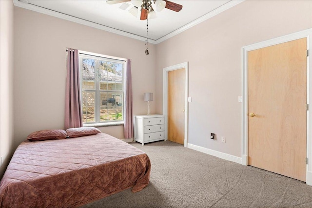 2604 Saratoga Dr, Austin, TX 78733 - bedroom with ornamental molding, light colored carpet, baseboards, and a ceiling fan