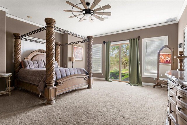 2604 Saratoga Dr, Austin, TX 78733 - bedroom featuring crown molding, baseboards, carpet, and ceiling fan