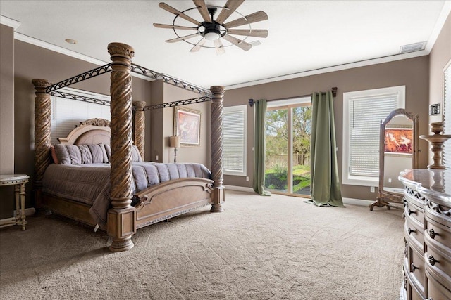 2604 Saratoga Dr, Austin, TX 78733 - carpeted bedroom with crown molding and a ceiling fan