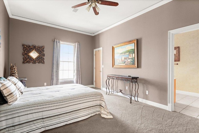 2604 Saratoga Dr, Austin, TX 78733 - carpeted bedroom featuring ornamental molding, baseboards, ensuite bath, and a ceiling fan