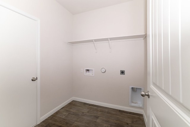 laundry room featuring hookup for a gas dryer, dark wood-style floors, electric dryer hookup, baseboards, and hookup for a washing machine