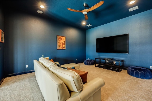 2212 Normandy Vw, Leander, TX 78641 - carpeted home theater featuring a ceiling fan, baseboards, and recessed lighting