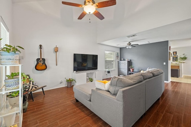 1320 Anna Palm Way, Round Rock, TX 78665 - living room with a ceiling fan and dark wood-style floors