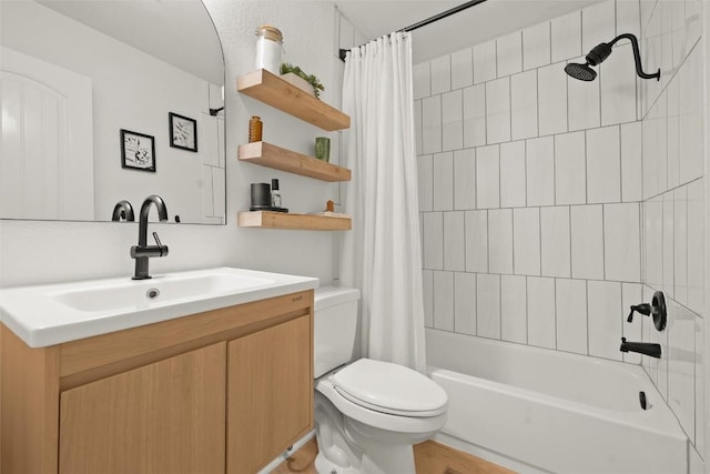 2812 Sissinghurst Dr, Austin, TX 78745 - full bathroom with vanity, toilet, and shower / bath combination with curtain