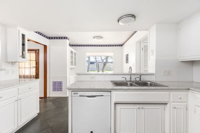 4007 Edgerock Dr, Austin, TX 78731 - kitchen featuring dishwasher, a sink, light countertops, white cabinets, and glass insert cabinets