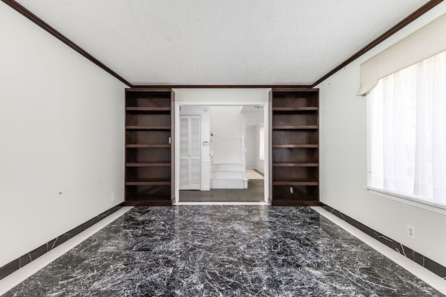 4007 Edgerock Dr, Austin, TX 78731 - unfurnished living room with marble finish flooring, ornamental molding, healthy amount of natural light, a textured ceiling, and baseboards