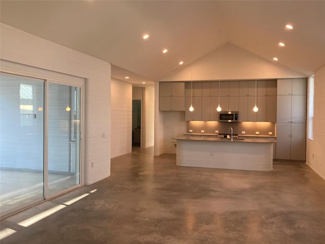 112 Rough Creek Rd, Georgetown, TX 78628 - kitchen featuring stainless steel microwave, modern cabinets, finished concrete floors, high vaulted ceiling, and gray cabinetry
