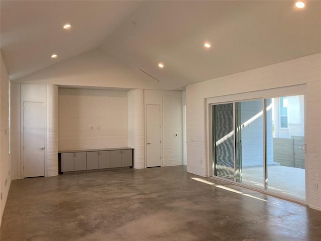 112 Rough Creek Rd, Georgetown, TX 78628 - spare room featuring concrete flooring, vaulted ceiling, and recessed lighting
