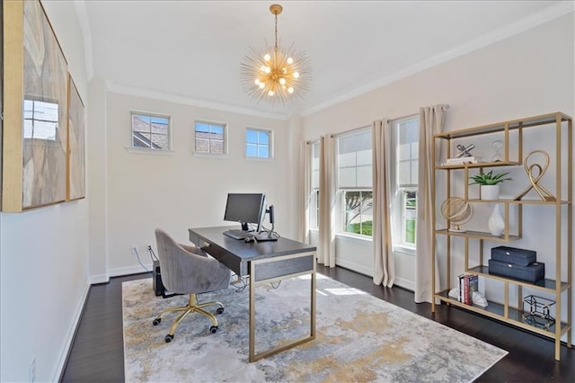 1513 Burr Pkwy, Leander, TX 78641 - office space featuring ornamental molding, a chandelier, baseboards, and dark wood-type flooring