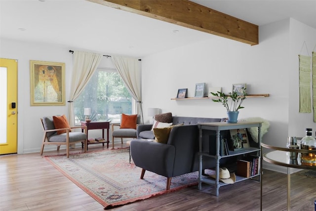 4906 Hilldale Dr, Austin, TX 78723 - living area featuring wood finished floors, baseboards, and beamed ceiling