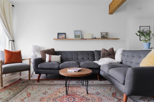 4906 Hilldale Dr, Austin, TX 78723 - living area with wood finished floors and beam ceiling