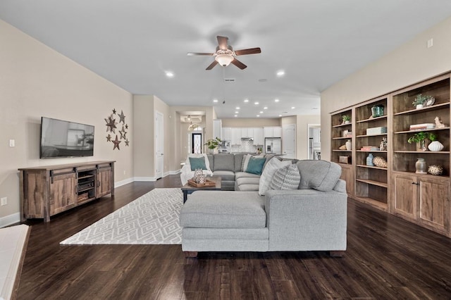 living area with ceiling fan, dark wood-style flooring, baseboards, and recessed lighting