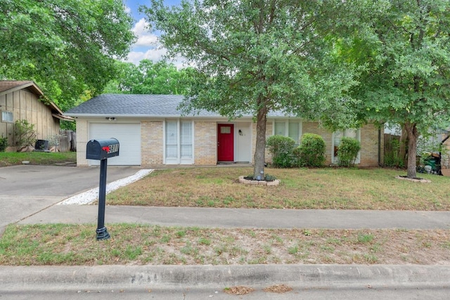 9811 Hansford Dr, Austin, TX 78753 - ranch-style home with brick siding, driveway, an attached garage, a front lawn, and a shingled roof