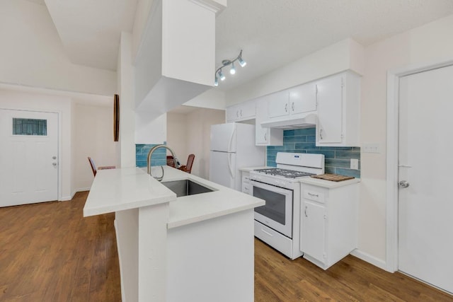 9811 Hansford Dr, Austin, TX 78753 - kitchen featuring a sink, white appliances, under cabinet range hood, decorative backsplash, and dark wood-type flooring
