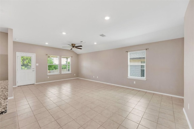 625 Taggart Trl, Jarrell, TX 76537 - spare room with a ceiling fan, baseboards, light tile patterned flooring, recessed lighting, and lofted ceiling