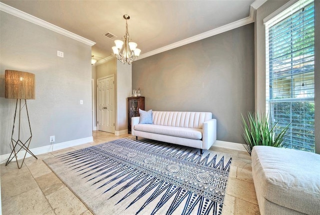 11805 Lake Stone Dr, Austin, TX 78738 - living room with crown molding, a chandelier, and baseboards