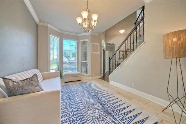 11805 Lake Stone Dr, Austin, TX 78738 - living area featuring stairs, a chandelier, tile patterned floors, baseboards, and crown molding