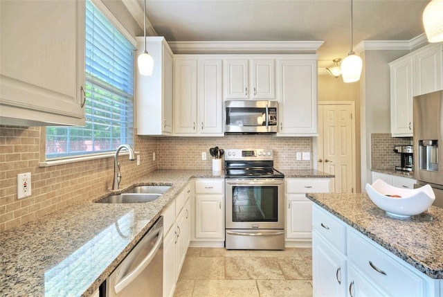 11805 Lake Stone Dr, Austin, TX 78738 - kitchen featuring appliances with stainless steel finishes, a sink, decorative backsplash, white cabinets, and light stone counters
