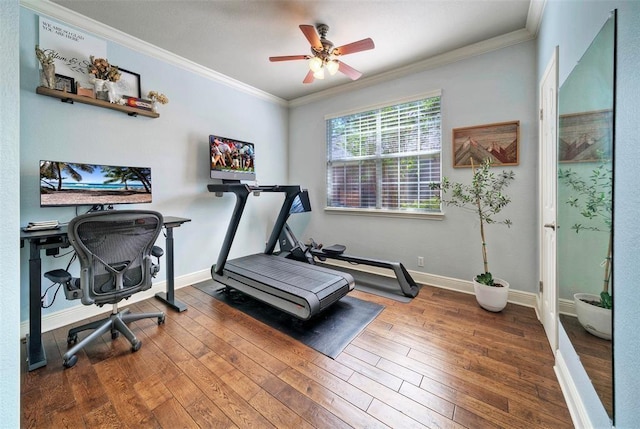 11805 Lake Stone Dr, Austin, TX 78738 - workout area featuring ceiling fan, crown molding, wood-type flooring, and baseboards