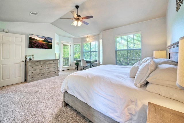 11805 Lake Stone Dr, Austin, TX 78738 - bedroom with lofted ceiling, carpet, access to outside, and a ceiling fan
