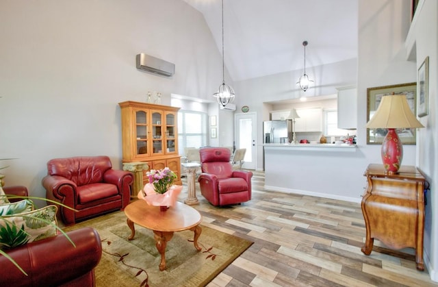 163 Buckeye, Seguin, TX 78155 - living area with a wall mounted AC, high vaulted ceiling, light wood finished floors, and healthy amount of natural light