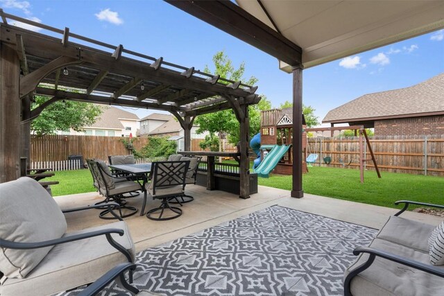 8058 Arezzo Dr, Round Rock, TX 78665 - fenced backyard with a playground, a pergola, a patio, and outdoor dining space