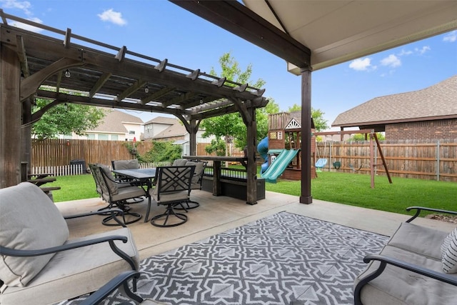 8058 Arezzo Dr, Round Rock, TX 78665 - fenced backyard featuring a playground, a pergola, a patio, and outdoor dining space