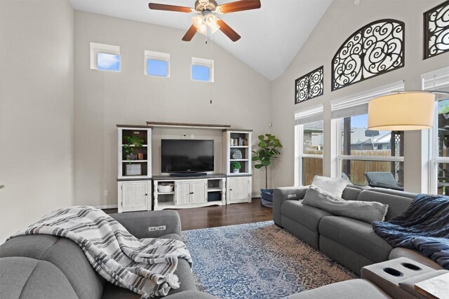 8058 Arezzo Dr, Round Rock, TX 78665 - living room featuring ceiling fan, high vaulted ceiling, and dark wood-type flooring