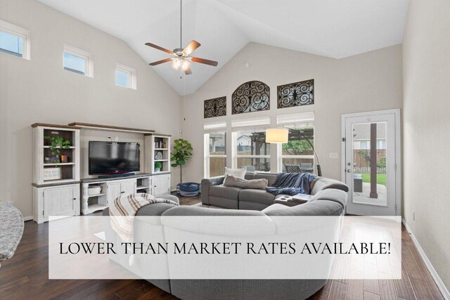 8058 Arezzo Dr, Round Rock, TX 78665 - living area with a ceiling fan, wood finished floors, and high vaulted ceiling