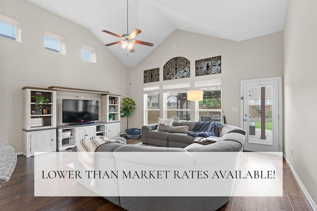 8058 Arezzo Dr, Round Rock, TX 78665 - living area featuring a ceiling fan, wood finished floors, and high vaulted ceiling