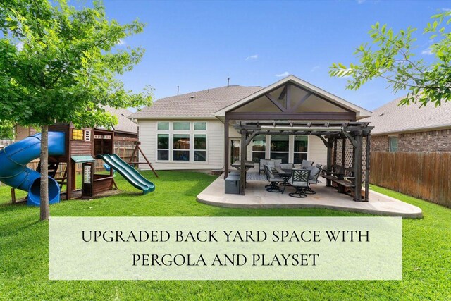 8058 Arezzo Dr, Round Rock, TX 78665 - back of house with a fenced backyard, a patio area, and a playground