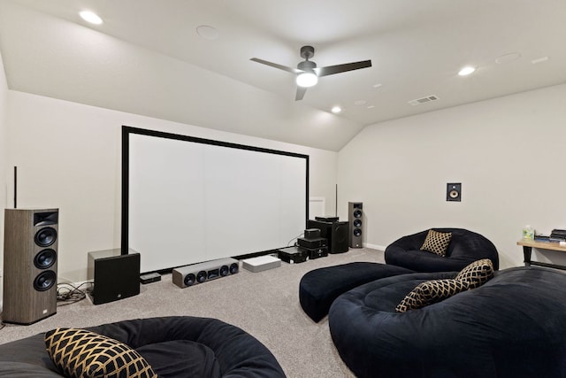 321 Cumberland Cv, Georgetown, TX 78628 - carpeted home theater room featuring vaulted ceiling, a ceiling fan, recessed lighting, and baseboards