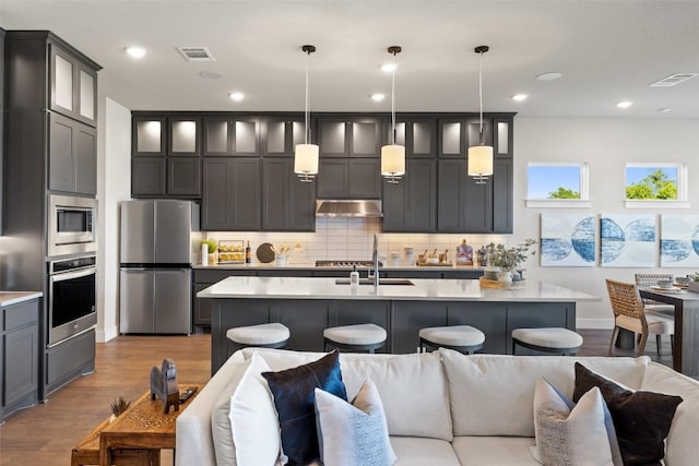 217 Northcrest Dr, Liberty Hill, TX 78642 - kitchen with stainless steel appliances, open floor plan, wood finished floors, light countertops, and recessed lighting