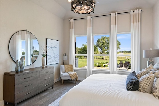 217 Northcrest Dr, Liberty Hill, TX 78642 - bedroom featuring a chandelier, wood finished floors, baseboards, and high vaulted ceiling